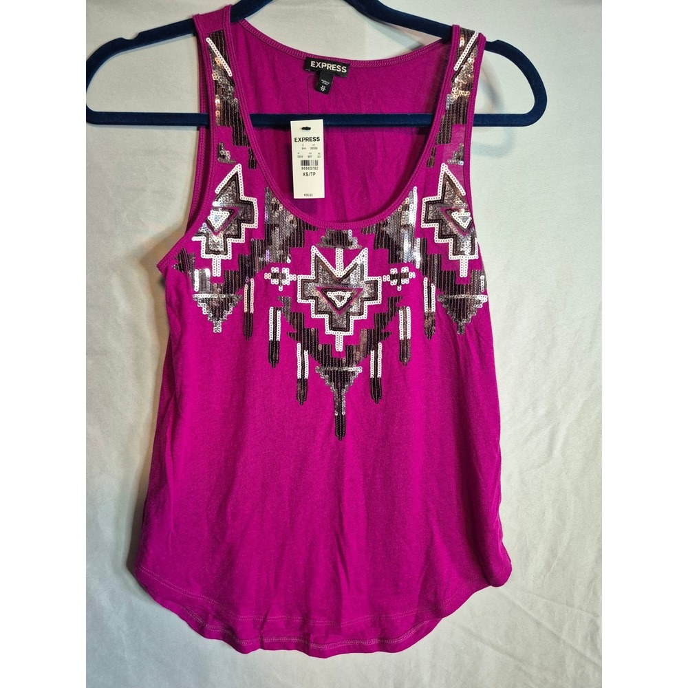 EXPRESS Tank Top XS Pink Silver Sequin Sleeveless Geometric Y2K Festival